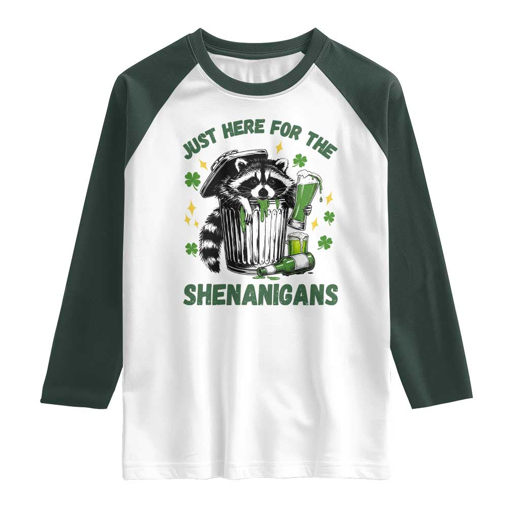 Funny Raccoon St Patricks Day Meme Raglan Shirt Trash Panda Just Here For The Shenanigans TS14 White Dark Forest Green Print Your Wear