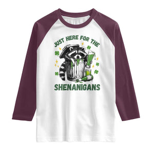 Funny Raccoon St Patricks Day Meme Raglan Shirt Trash Panda Just Here For The Shenanigans TS14 White Maroon Print Your Wear