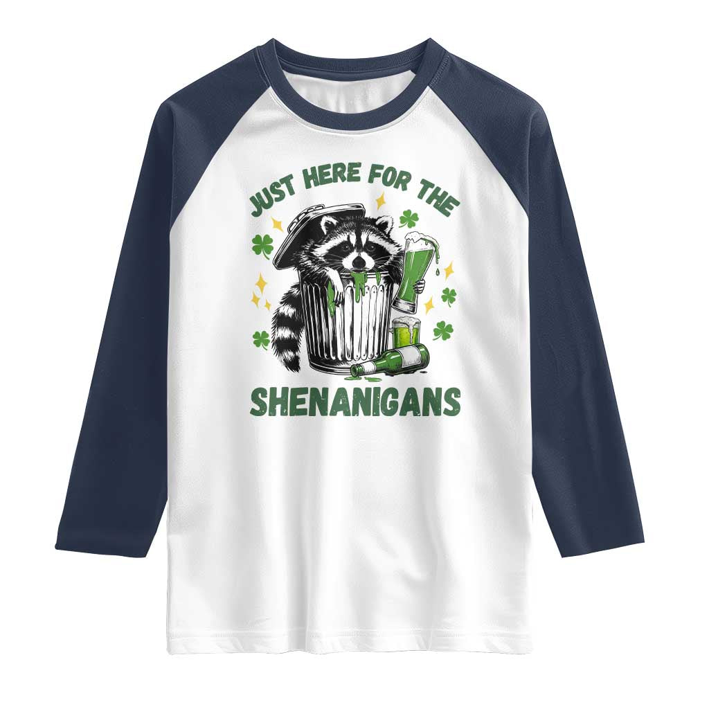 Funny Raccoon St Patricks Day Meme Raglan Shirt Trash Panda Just Here For The Shenanigans TS14 White Navy Print Your Wear