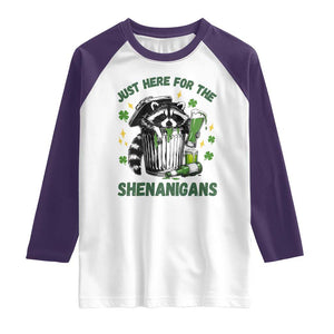 Funny Raccoon St Patricks Day Meme Raglan Shirt Trash Panda Just Here For The Shenanigans TS14 White Purple Print Your Wear