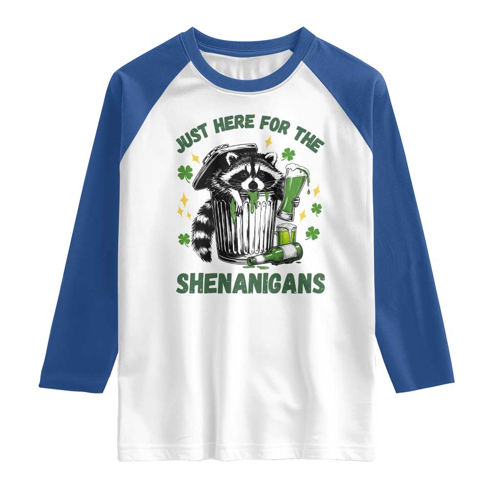 Funny Raccoon St Patricks Day Meme Raglan Shirt Trash Panda Just Here For The Shenanigans TS14 White Royal Print Your Wear