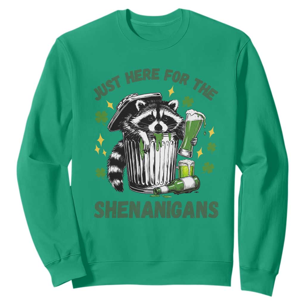Funny Raccoon St Patricks Day Meme Sweatshirt Trash Panda Just Here For The Shenanigans TS14 Irish Green Print Your Wear
