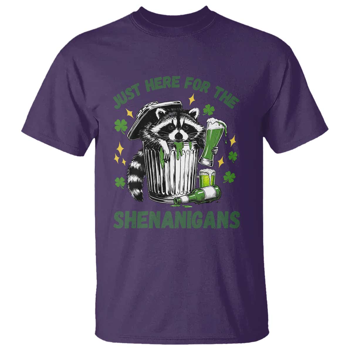 Funny Raccoon St Patricks Day Meme T Shirt Trash Panda Just Here For The Shenanigans TS14 Purple Print Your Wear