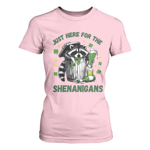 Funny Raccoon St Patricks Day Meme T Shirt For Women Trash Panda Just Here For The Shenanigans TS14 Light Pink Print Your Wear