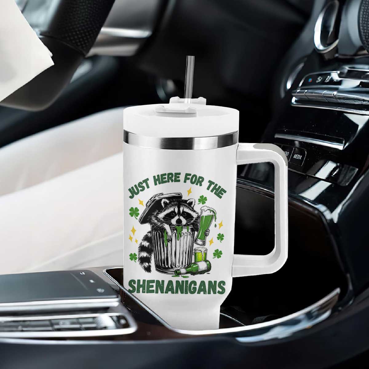 Funny Raccoon St Patricks Day Meme Tumbler With Handle Trash Panda Just Here For The Shenanigans TS14 Print Your Wear