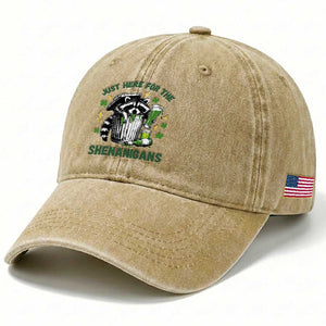 Funny Raccoon St Patricks Day Meme Washed Cotton Baseball Cap Trash Panda Just Here For The Shenanigans TS14 Print Your Wear