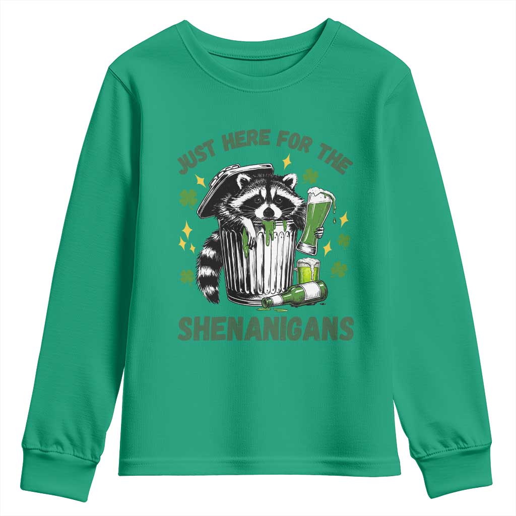 Funny Raccoon St Patricks Day Meme Youth Sweatshirt Trash Panda Just Here For The Shenanigans TS14 Irish Green Print Your Wear