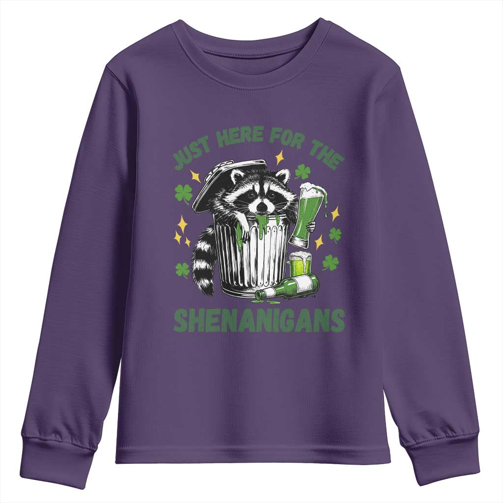 Funny Raccoon St Patricks Day Meme Youth Sweatshirt Trash Panda Just Here For The Shenanigans TS14 Purple Print Your Wear