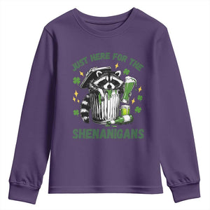 Funny Raccoon St Patricks Day Meme Youth Sweatshirt Trash Panda Just Here For The Shenanigans TS14 Purple Print Your Wear