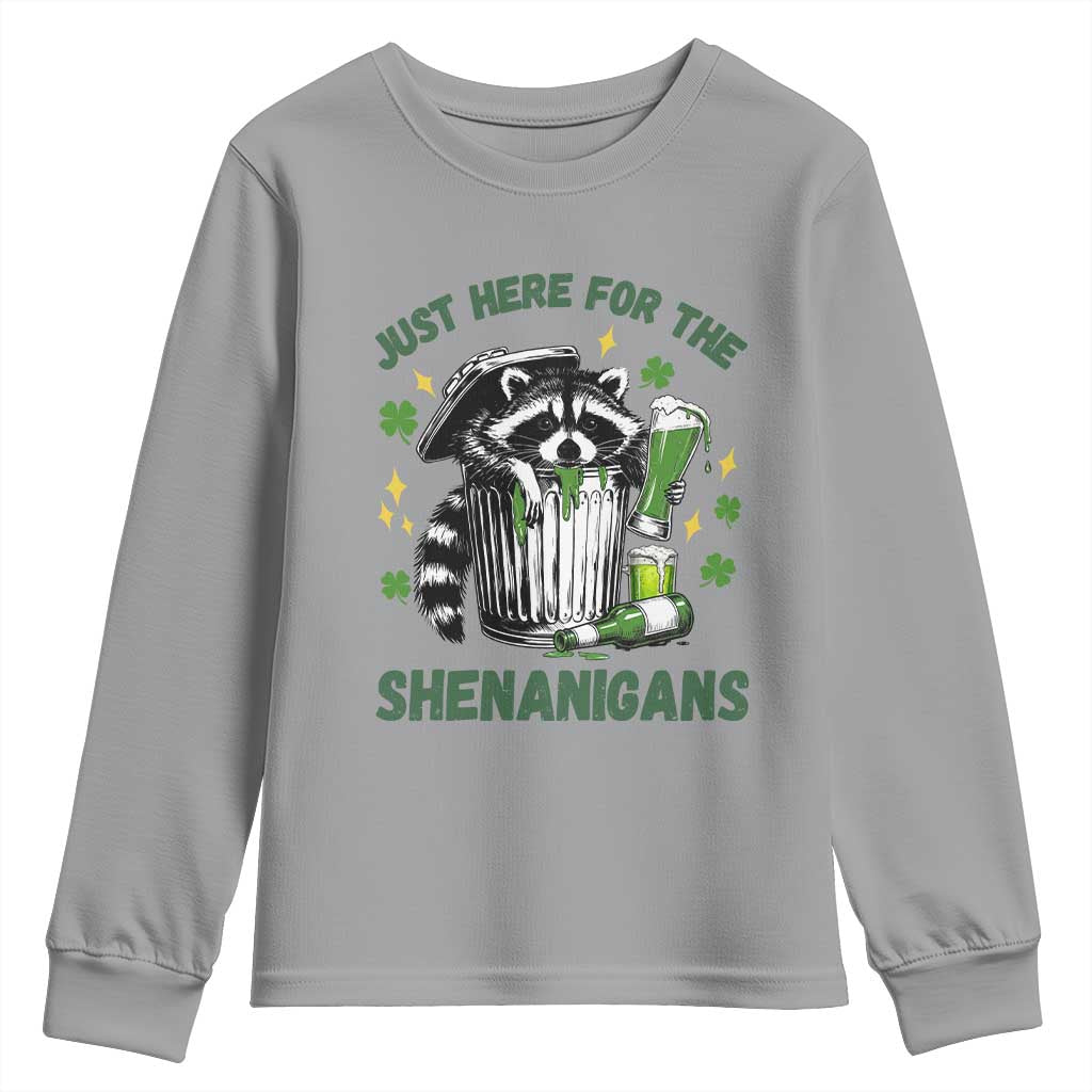 Funny Raccoon St Patricks Day Meme Youth Sweatshirt Trash Panda Just Here For The Shenanigans TS14 Sport Gray Print Your Wear
