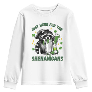 Funny Raccoon St Patricks Day Meme Youth Sweatshirt Trash Panda Just Here For The Shenanigans TS14 White Print Your Wear