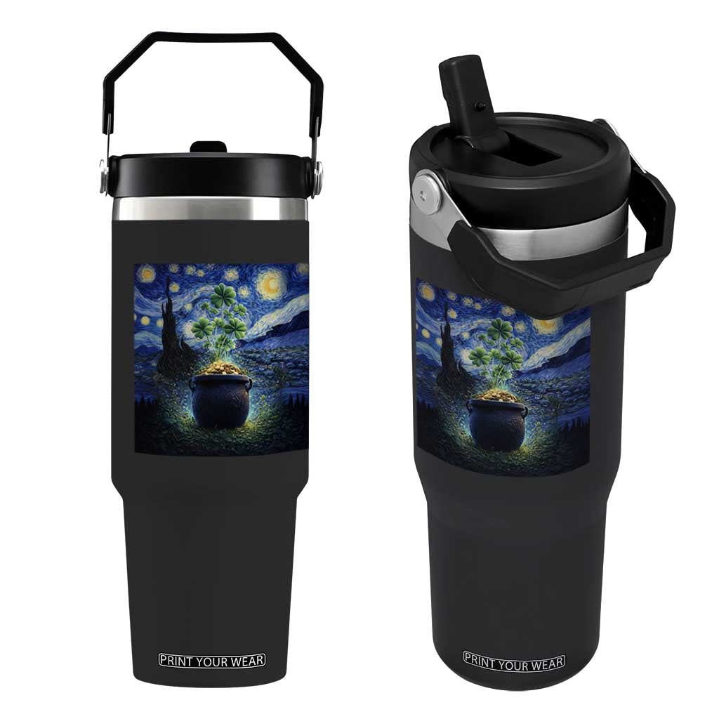 St Patricks Day Starry Night Shamrock Van Gogh Art Flip Straw Tumbler TS14 One Size: 30 oz Black Print Your Wear