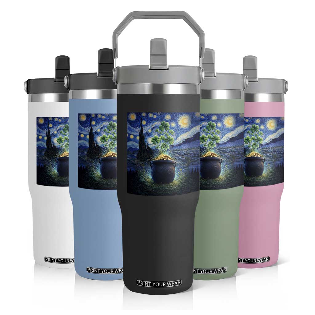 St Patricks Day Starry Night Shamrock Van Gogh Art Flip Straw Tumbler TS14 Print Your Wear