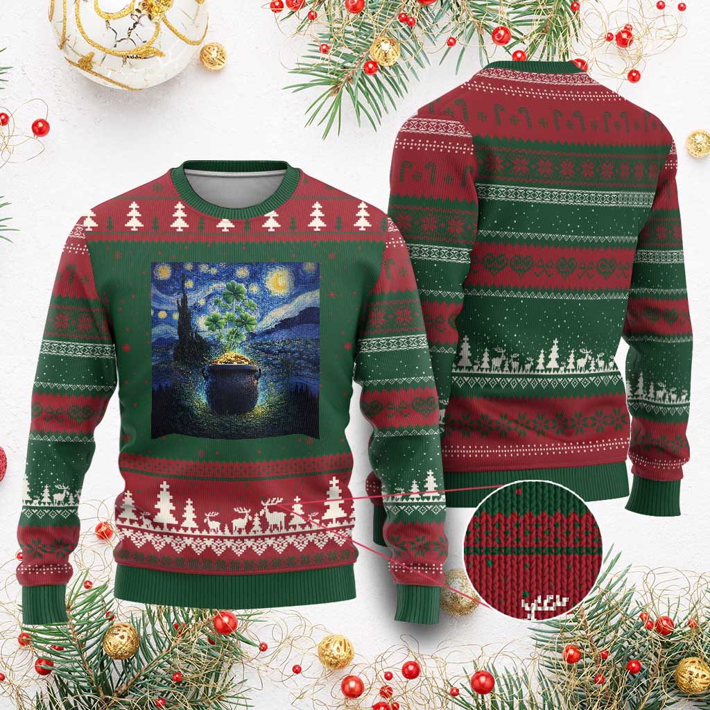 St Patricks Day Starry Night Shamrock Van Gogh Art Ugly Christmas Sweater TS14 Red Green Print Your Wear