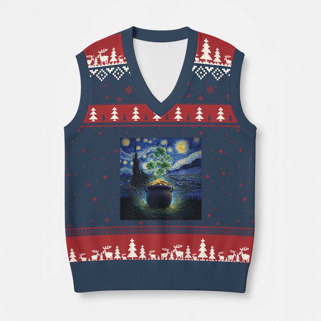 St Patricks Day Starry Night Shamrock Van Gogh Art V-Neck Knit Sweater Vest TS14 Navy Red Print Your Wear