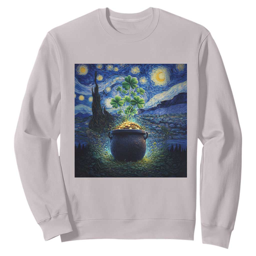 St Patricks Day Starry Night Shamrock Van Gogh Art Sweatshirt TS14 Ice Gray Print Your Wear