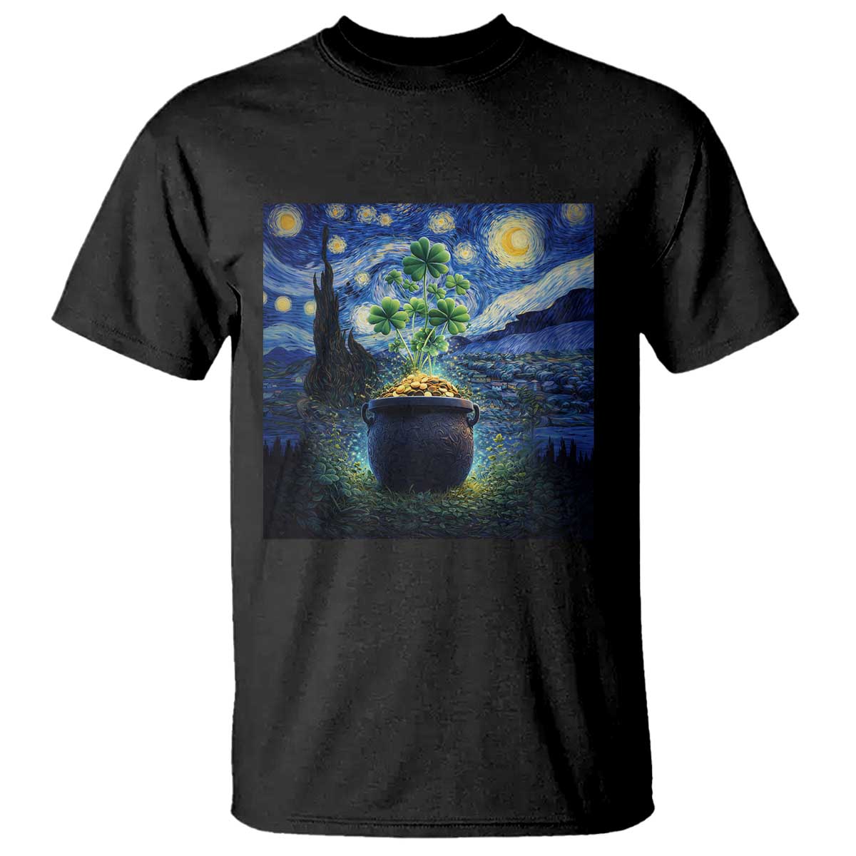 St Patricks Day Starry Night Shamrock Van Gogh Art T Shirt TS14 Black Print Your Wear