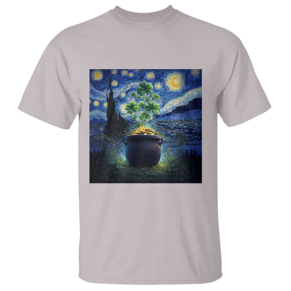 St Patricks Day Starry Night Shamrock Van Gogh Art T Shirt TS14 Ice Gray Print Your Wear