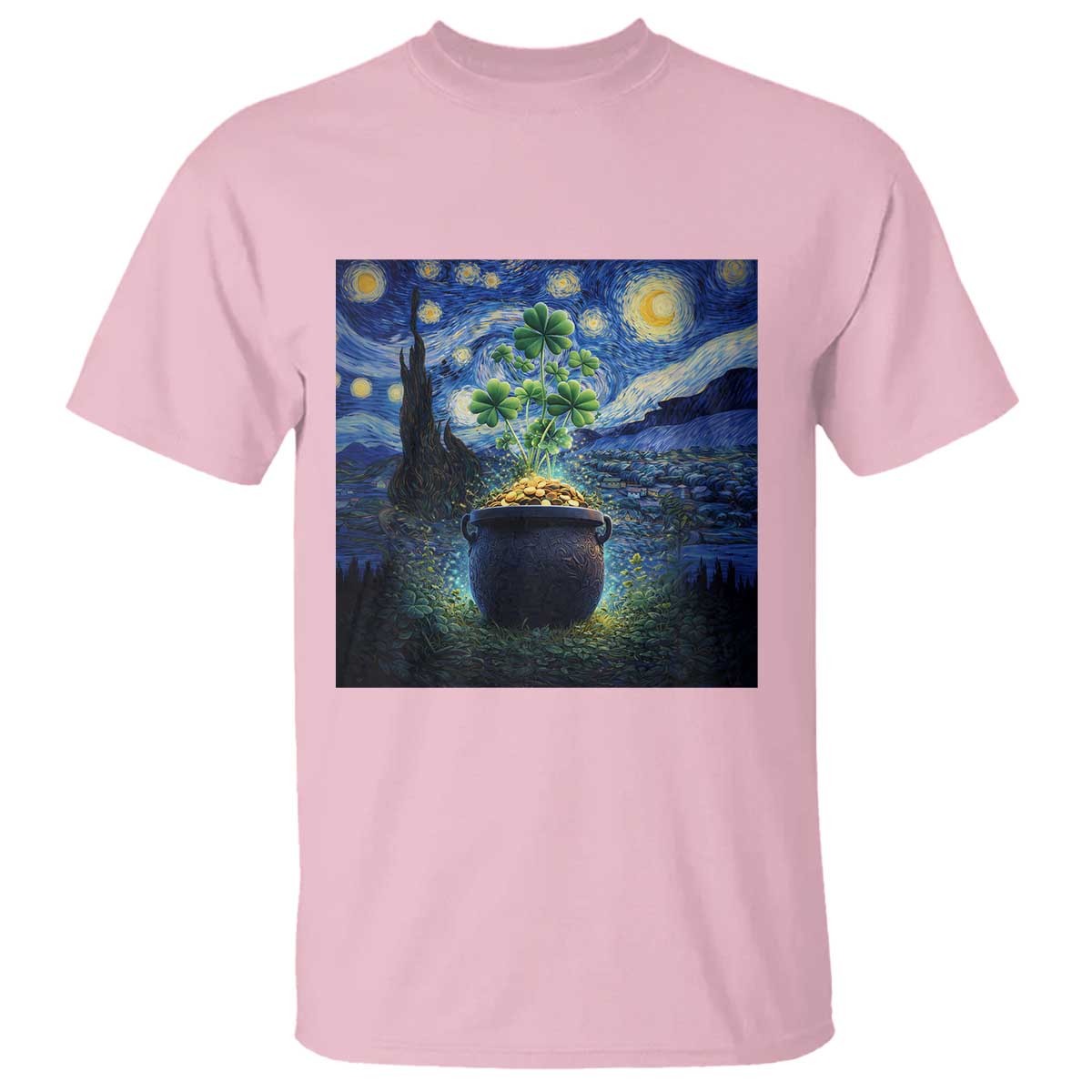 St Patricks Day Starry Night Shamrock Van Gogh Art T Shirt TS14 Light Pink Print Your Wear