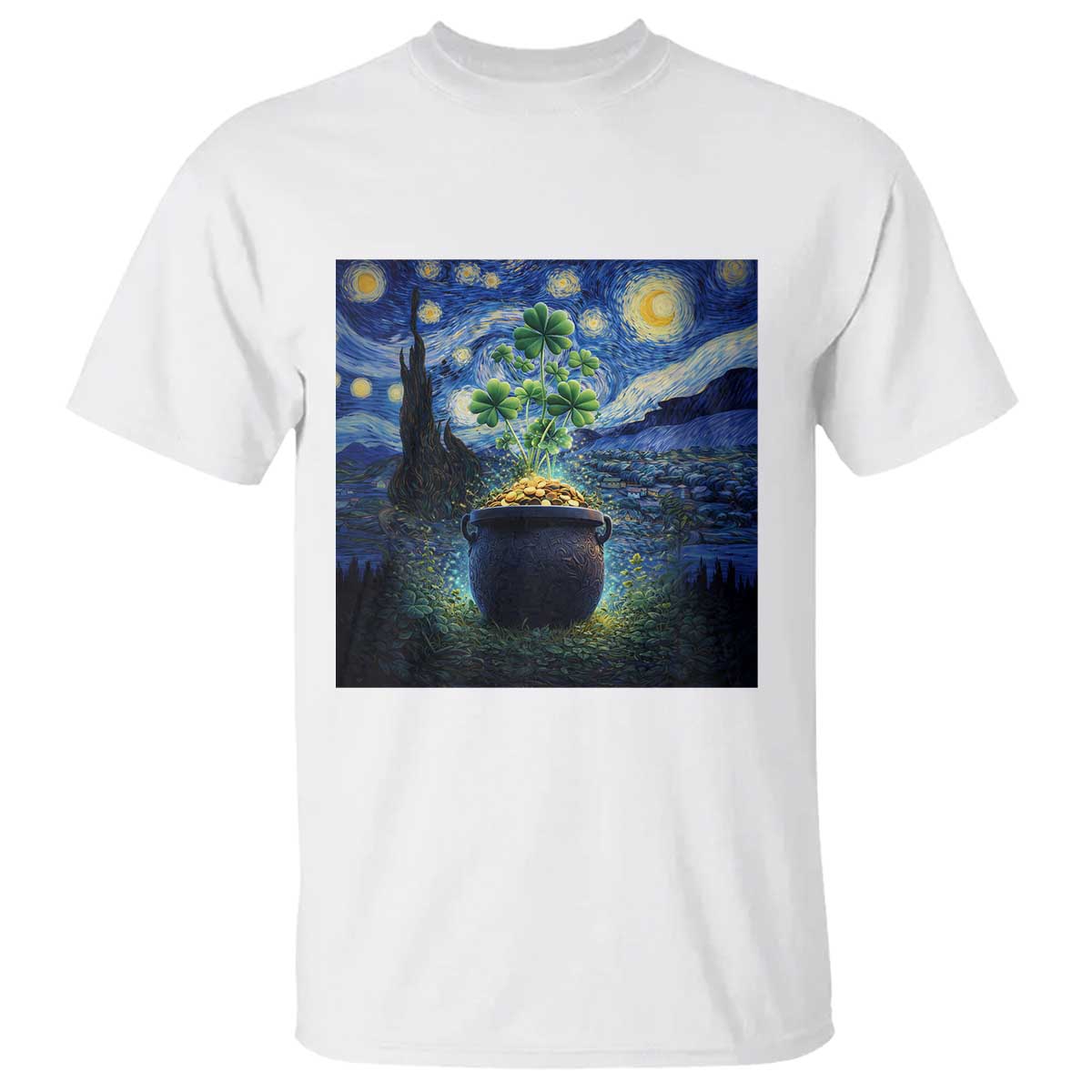 St Patricks Day Starry Night Shamrock Van Gogh Art T Shirt TS14 White Print Your Wear