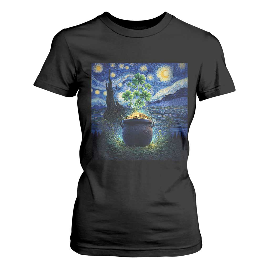 St Patricks Day Starry Night Shamrock Van Gogh Art T Shirt For Women TS14 Black Print Your Wear