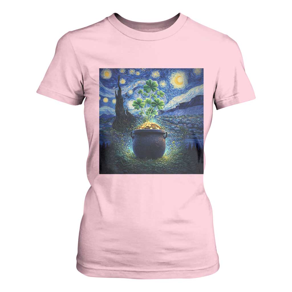 St Patricks Day Starry Night Shamrock Van Gogh Art T Shirt For Women TS14 Light Pink Print Your Wear