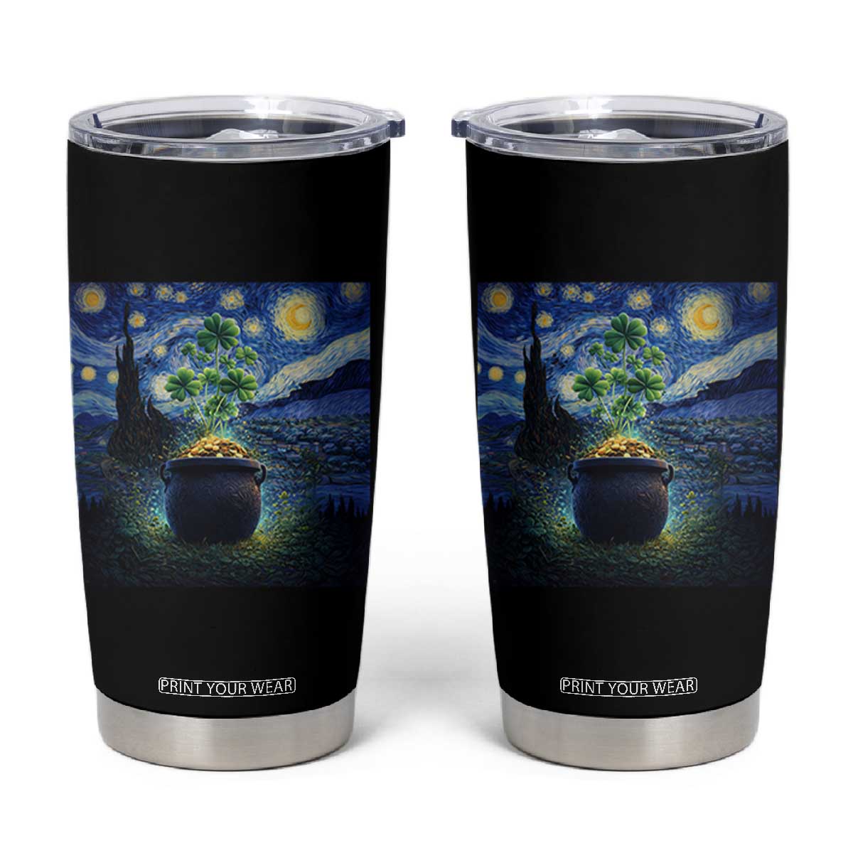 St Patricks Day Starry Night Shamrock Van Gogh Art Tumbler Cup TS14 Black Print Your Wear