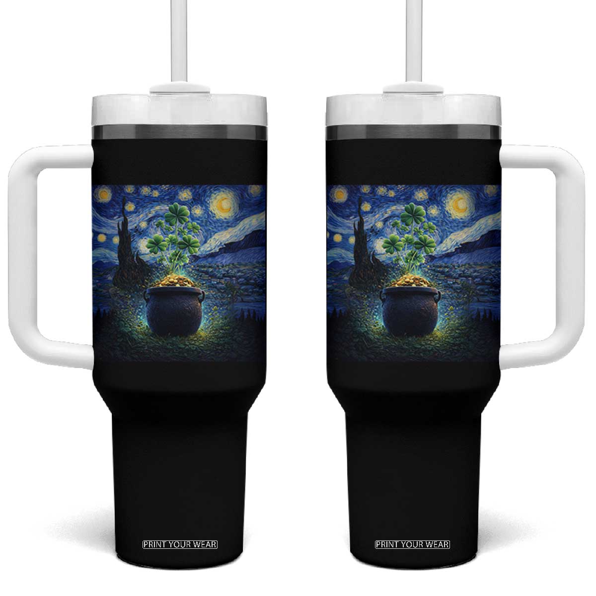 St Patricks Day Starry Night Shamrock Van Gogh Art Tumbler With Handle TS14 One Size: 40 oz Black Print Your Wear