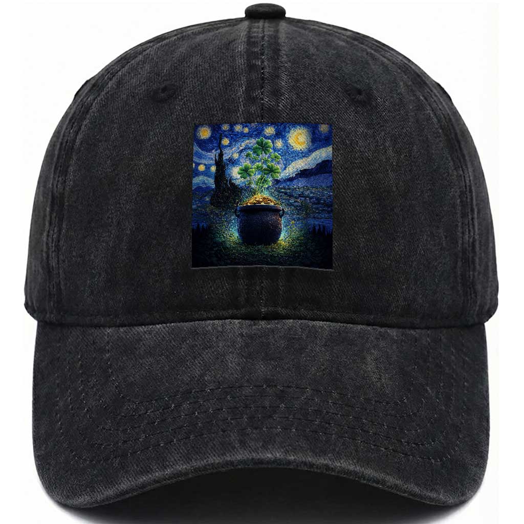 St Patricks Day Starry Night Shamrock Van Gogh Art Washed Cotton Baseball Cap TS14 Washed Cap Universal Fit Black Print Your Wear