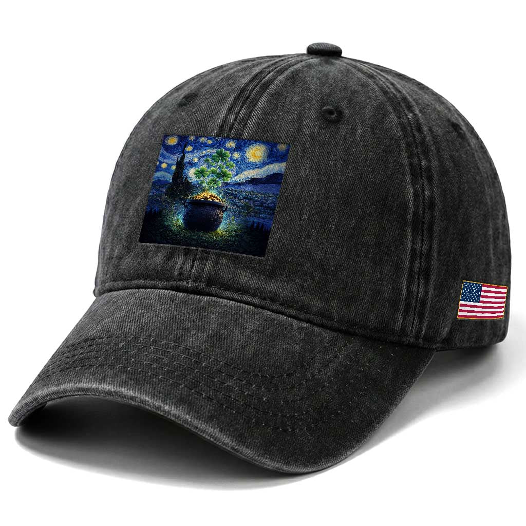 St Patricks Day Starry Night Shamrock Van Gogh Art Washed Cotton Baseball Cap TS14 Print Your Wear