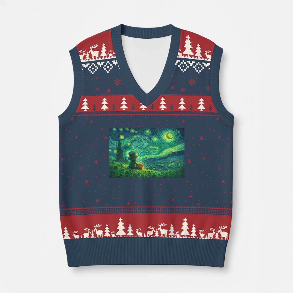 St Patricks Day Starry Night Leprechaun Shamrock Van Gogh V-Neck Knit Sweater Vest TS14 Navy Red Print Your Wear