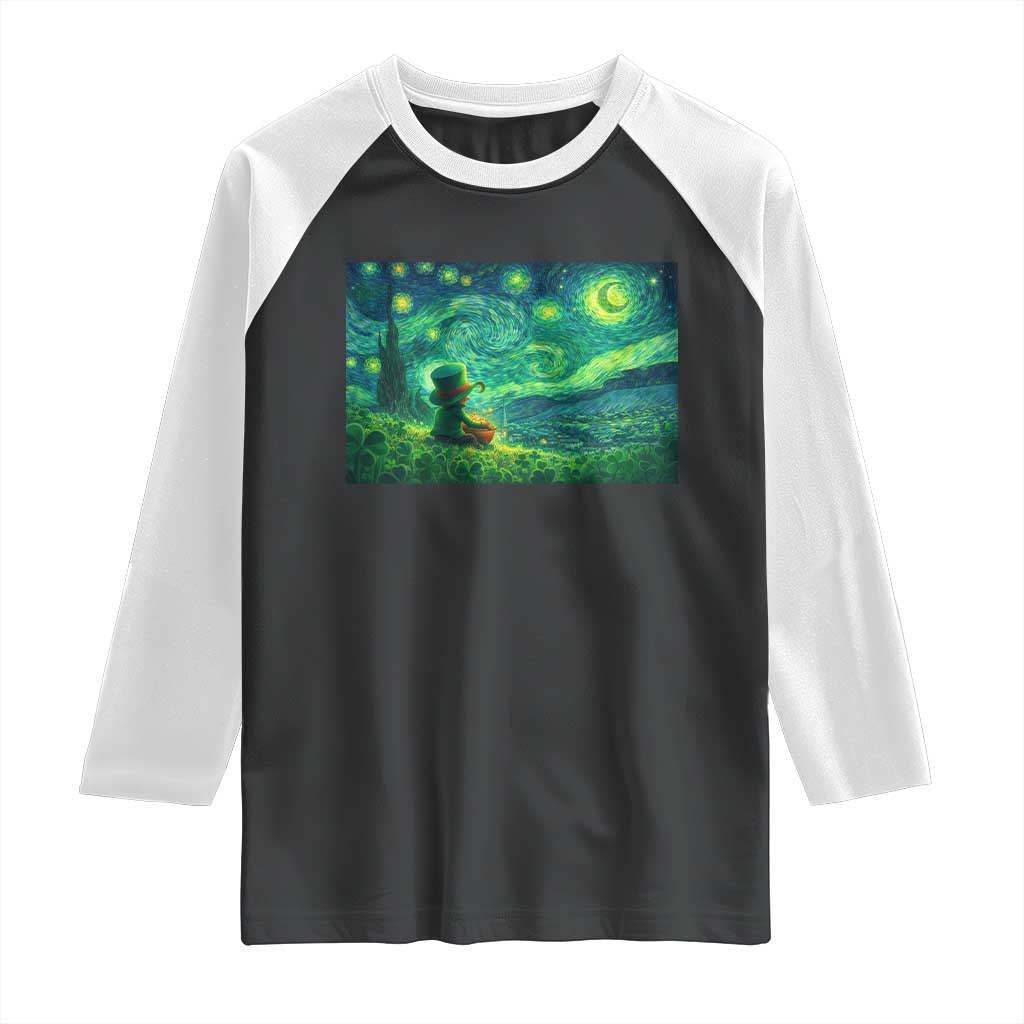 St Patricks Day Starry Night Leprechaun Shamrock Van Gogh Raglan Shirt TS14 Black White Print Your Wear
