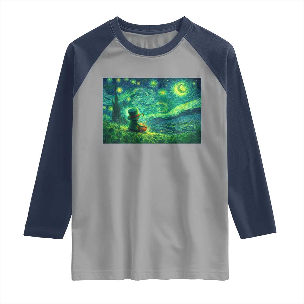 St Patricks Day Starry Night Leprechaun Shamrock Van Gogh Raglan Shirt TS14 Sport Gray Navy Print Your Wear