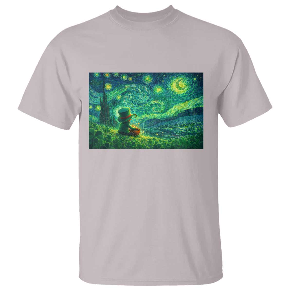 St Patricks Day Starry Night Leprechaun Shamrock Van Gogh T Shirt TS14 Ice Gray Print Your Wear