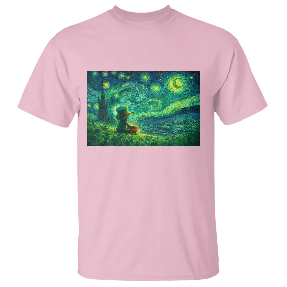 St Patricks Day Starry Night Leprechaun Shamrock Van Gogh T Shirt TS14 Light Pink Print Your Wear