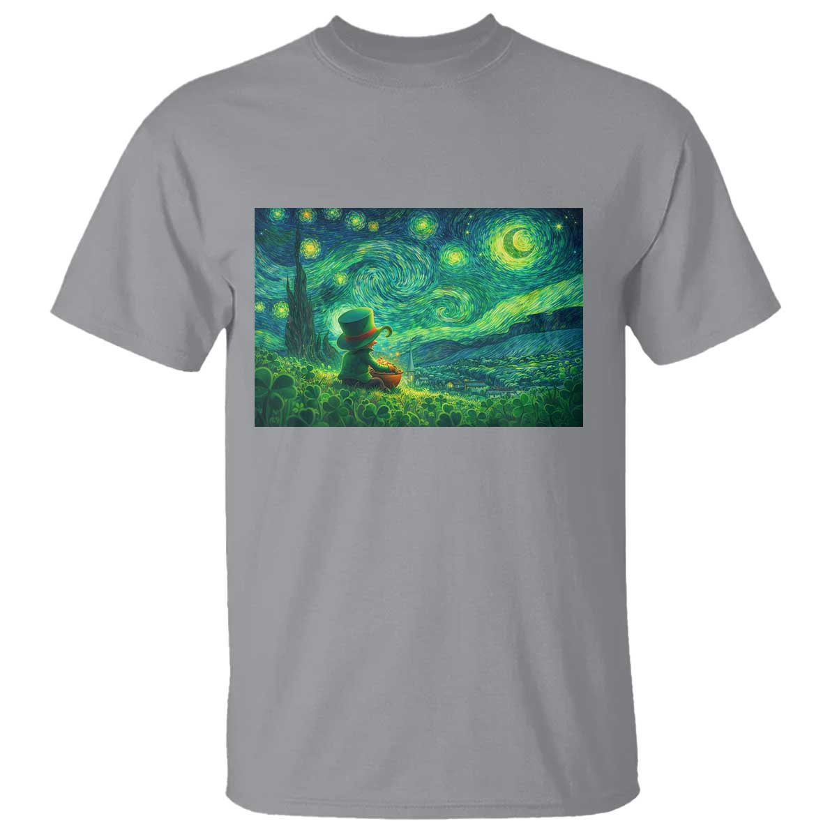 St Patricks Day Starry Night Leprechaun Shamrock Van Gogh T Shirt TS14 Sport Gray Print Your Wear