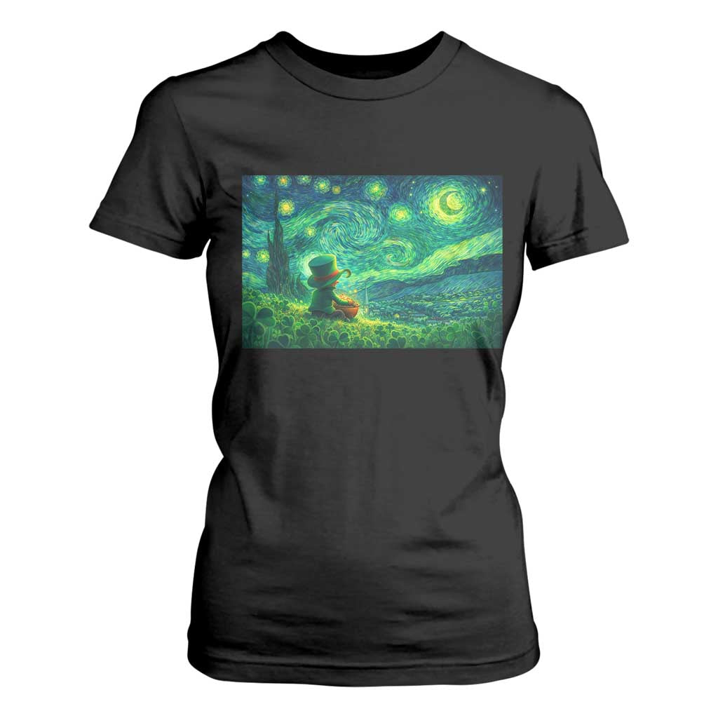 St Patricks Day Starry Night Leprechaun Shamrock Van Gogh T Shirt For Women TS14 Black Print Your Wear