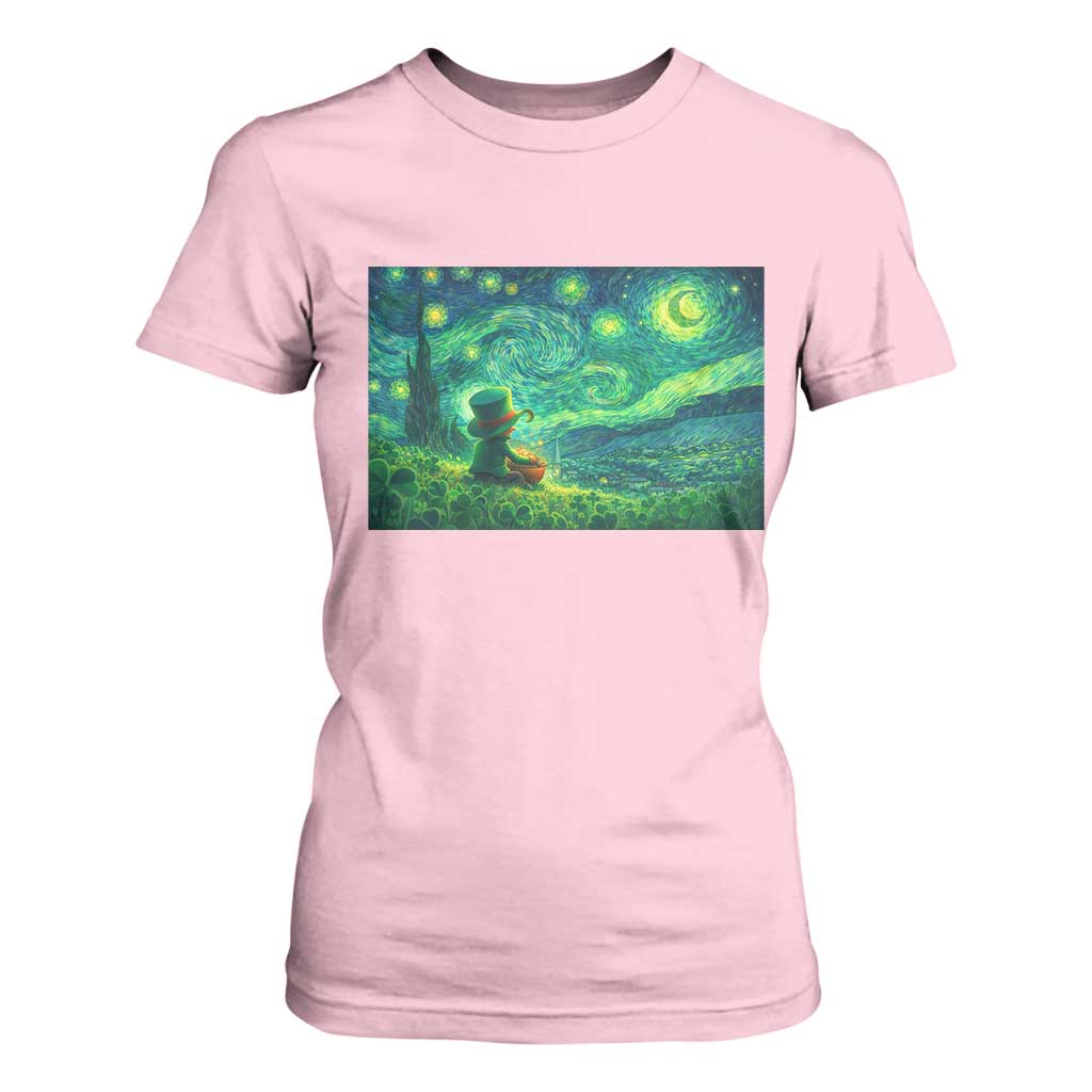 St Patricks Day Starry Night Leprechaun Shamrock Van Gogh T Shirt For Women TS14 Light Pink Print Your Wear