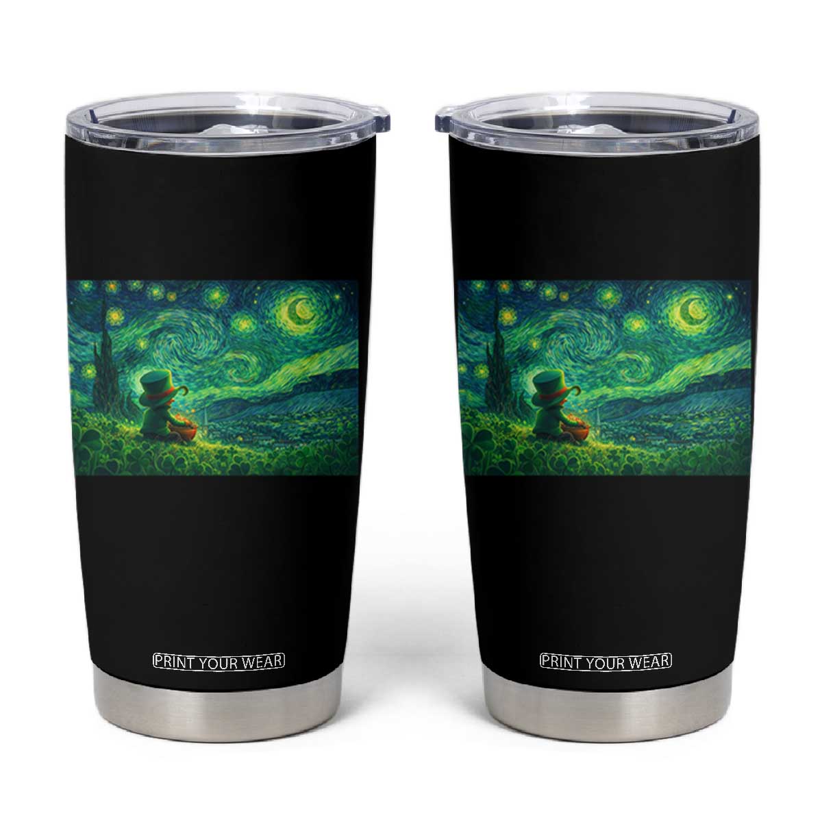 St Patricks Day Starry Night Leprechaun Shamrock Van Gogh Tumbler Cup TS14 Black Print Your Wear