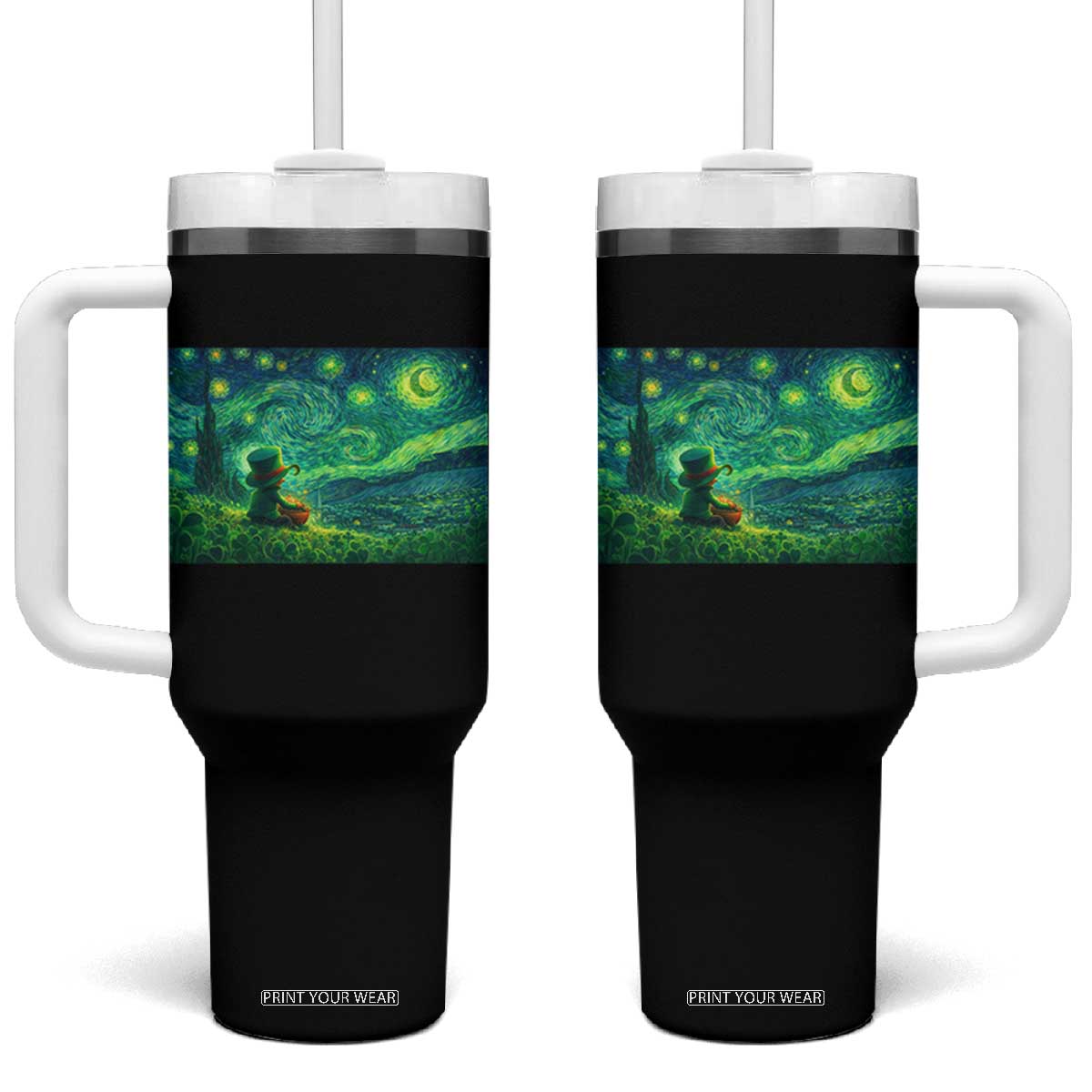 St Patricks Day Starry Night Leprechaun Shamrock Van Gogh Tumbler With Handle TS14 One Size: 40 oz Black Print Your Wear
