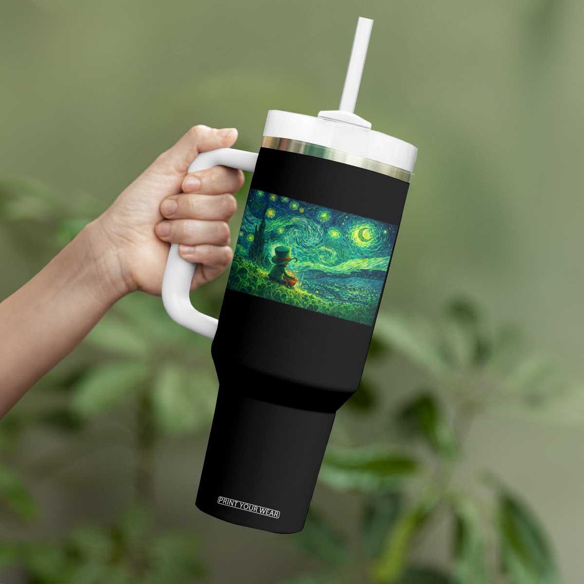 St Patricks Day Starry Night Leprechaun Shamrock Van Gogh Tumbler With Handle TS14 Print Your Wear