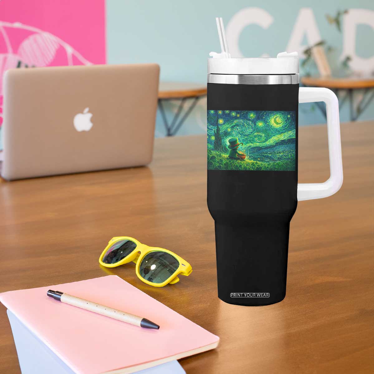 St Patricks Day Starry Night Leprechaun Shamrock Van Gogh Tumbler With Handle TS14 Print Your Wear
