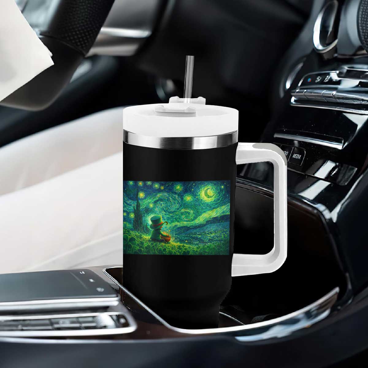 St Patricks Day Starry Night Leprechaun Shamrock Van Gogh Tumbler With Handle TS14 Print Your Wear