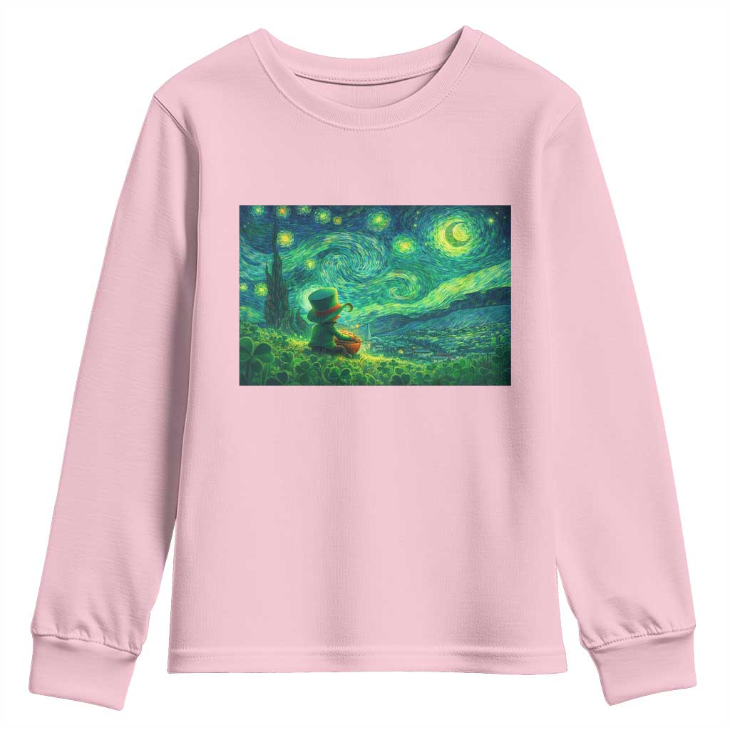 St Patricks Day Starry Night Leprechaun Shamrock Van Gogh Youth Sweatshirt TS14 Light Pink Print Your Wear