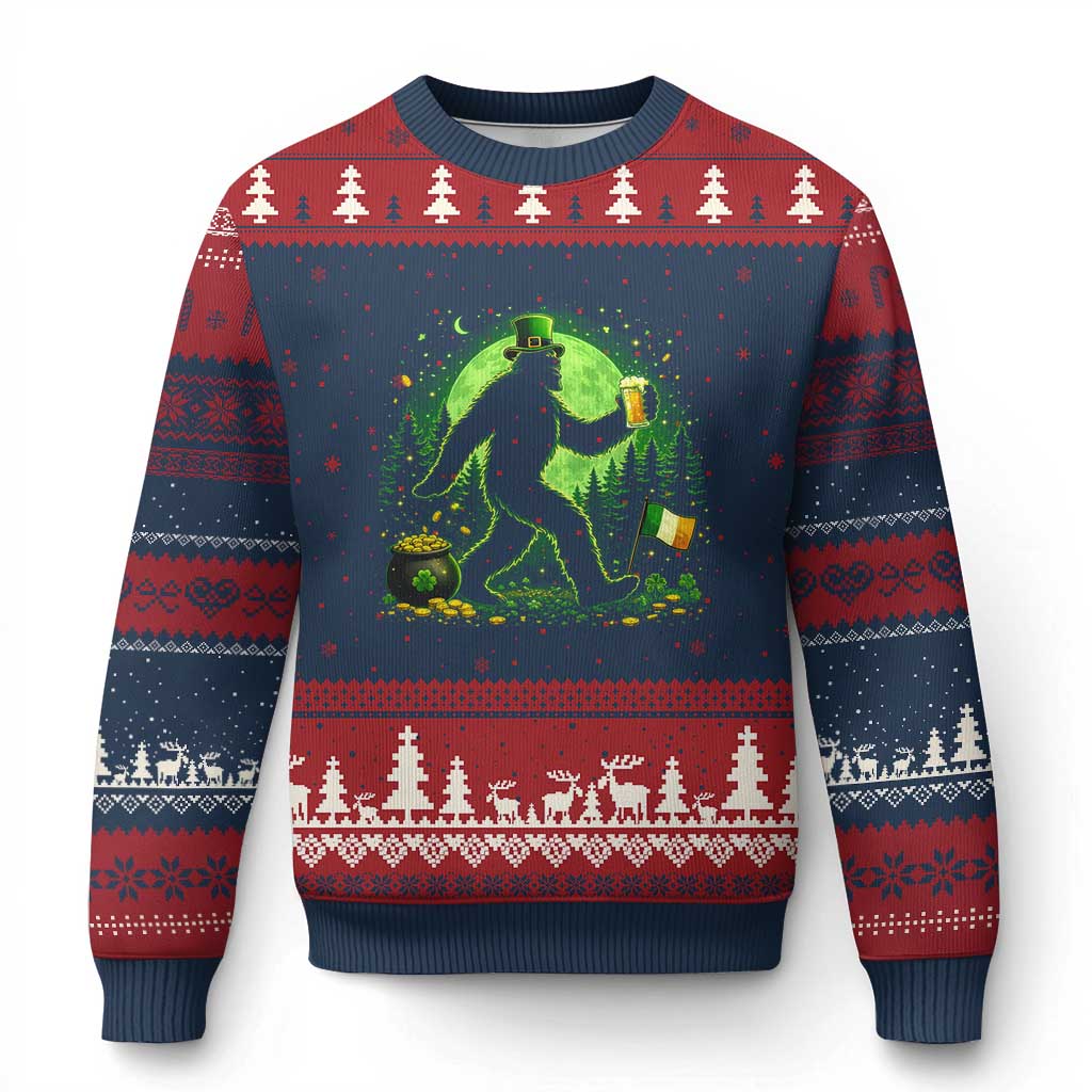 Funny Bigfoot St Patricks Day Ugly Christmas Sweater Sasquatch Drinking Green Beer Lover TS14 Navy Red Print Your Wear