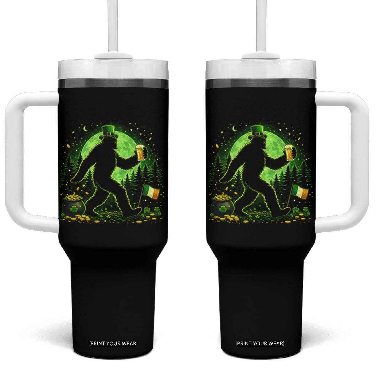 Funny Bigfoot St Patricks Day Tumbler With Handle Sasquatch Drinking Green Beer Lover TS14 One Size: 40 oz Black Print Your Wear