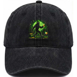 Funny Bigfoot St Patricks Day Washed Cotton Baseball Cap Sasquatch Drinking Green Beer Lover TS14 Washed Cap Universal Fit Black Print Your Wear