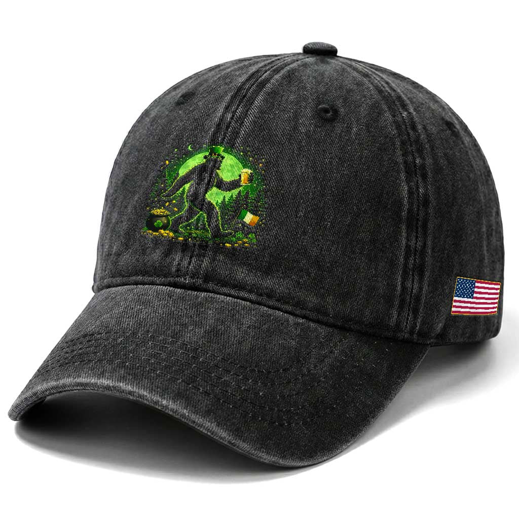 Funny Bigfoot St Patricks Day Washed Cotton Baseball Cap Sasquatch Drinking Green Beer Lover TS14 Print Your Wear