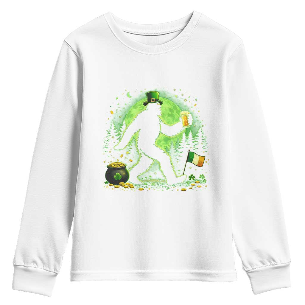 Funny Bigfoot St Patricks Day Youth Sweatshirt Sasquatch Drinking Green Beer Lover TS14 White Print Your Wear