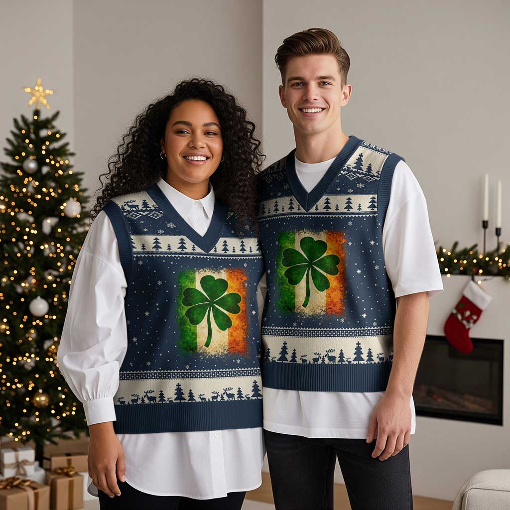Retro Ireland Shamrock Irish Flag St Patricks Day V-Neck Knit Sweater Vest TS14 Navy Beige Print Your Wear